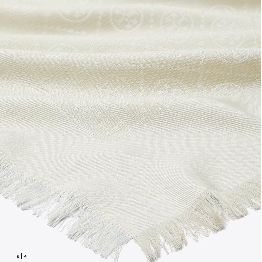 Tory Burch Logo Jacquard Traveler Silk and Wool Scarf in New Ivory - Picture 9 of 9